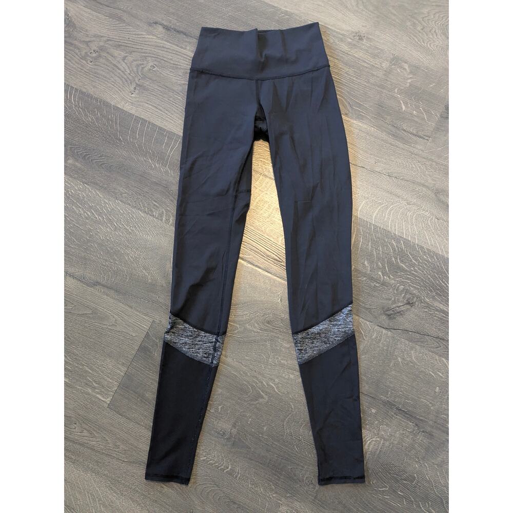 Lululemon Fold-over Leggings Sz 2 Black w/ Mesh Calves & Gray Stripe